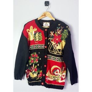 VINTAGE Tiara International size S : “ugly” christmas holiday cardigan sweater